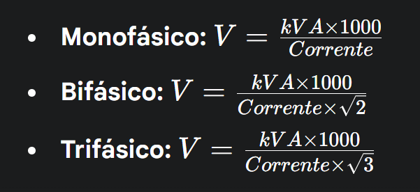 fórmula para converter kVA para Volts